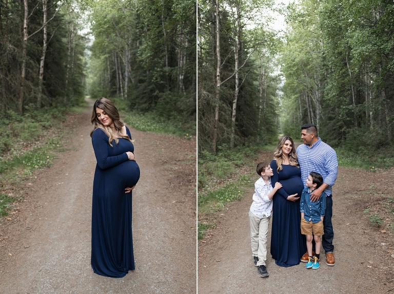 mom poses with sons and husband during Eklutna Lake Maternity Portraits